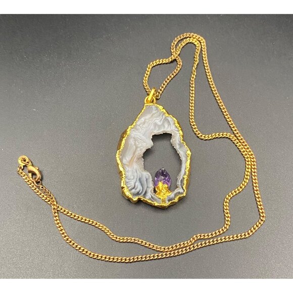 Amethyst Agate Geode Drusy Pendant Necklace Nickel Free Gold Tone 24" Chain - Picture 1 of 6